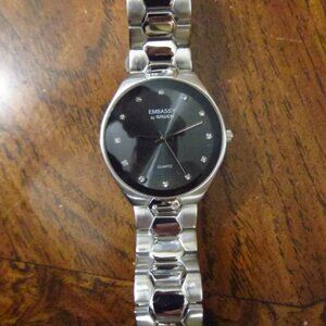 NEW- Embassy By Gruen Mens Silver Band Black Face Quartz Watch